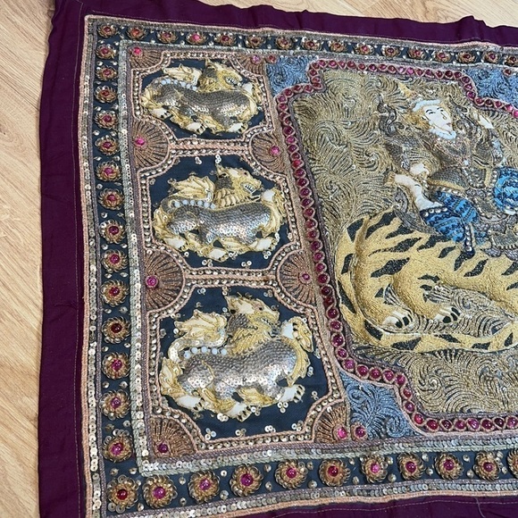 Burmese Kalaga Large Tapestry Tigers Dragons Riders 40” x 23” Handmade in Burma - Picture 5 of 13